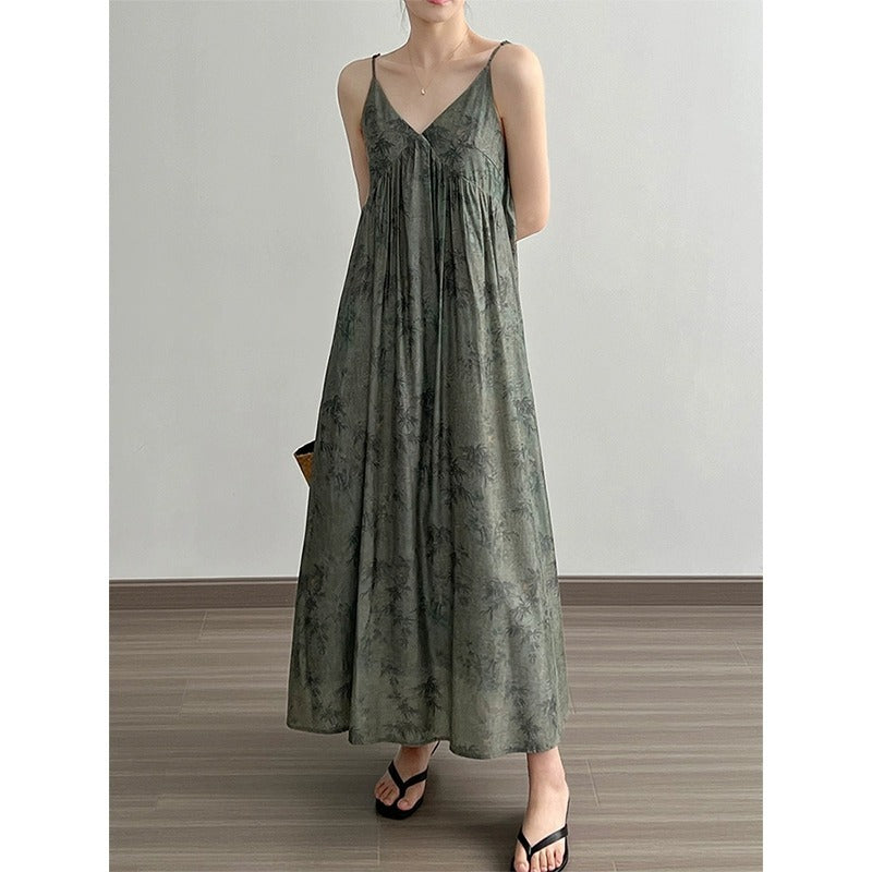 Ink Painting Printing Slip Dress Women's Summer Retro Loose