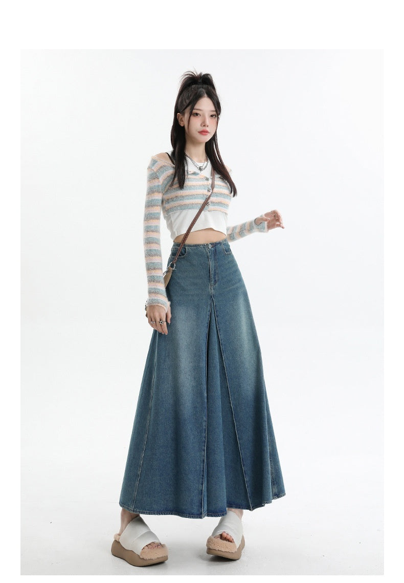 American Style Retro Big Swing Denim Spring New High Waist A- Line Slimming Mid-length Skirt