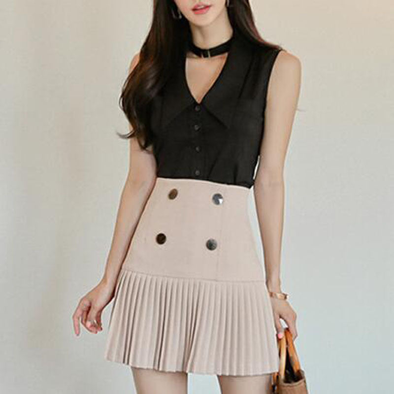 V-neck Sleeveless Shirt High Waist Pleated Skirt Two-piece Set