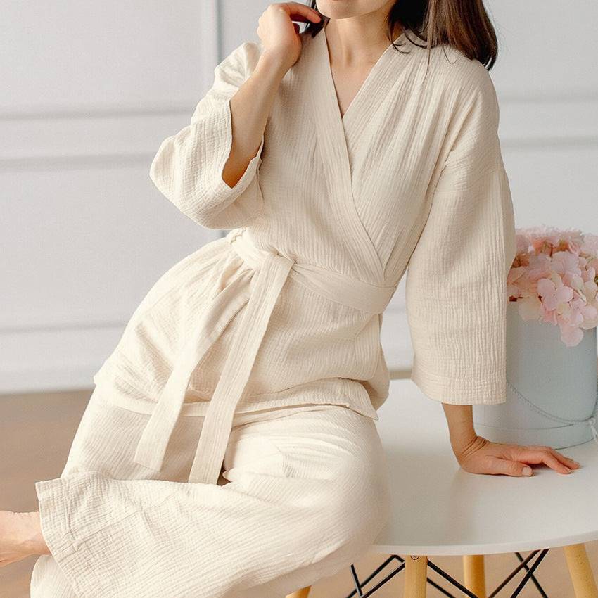 Cotton Crepe Pajamas Two-piece Loose Cardigan Lace-up Nightgown Ladies' Homewear