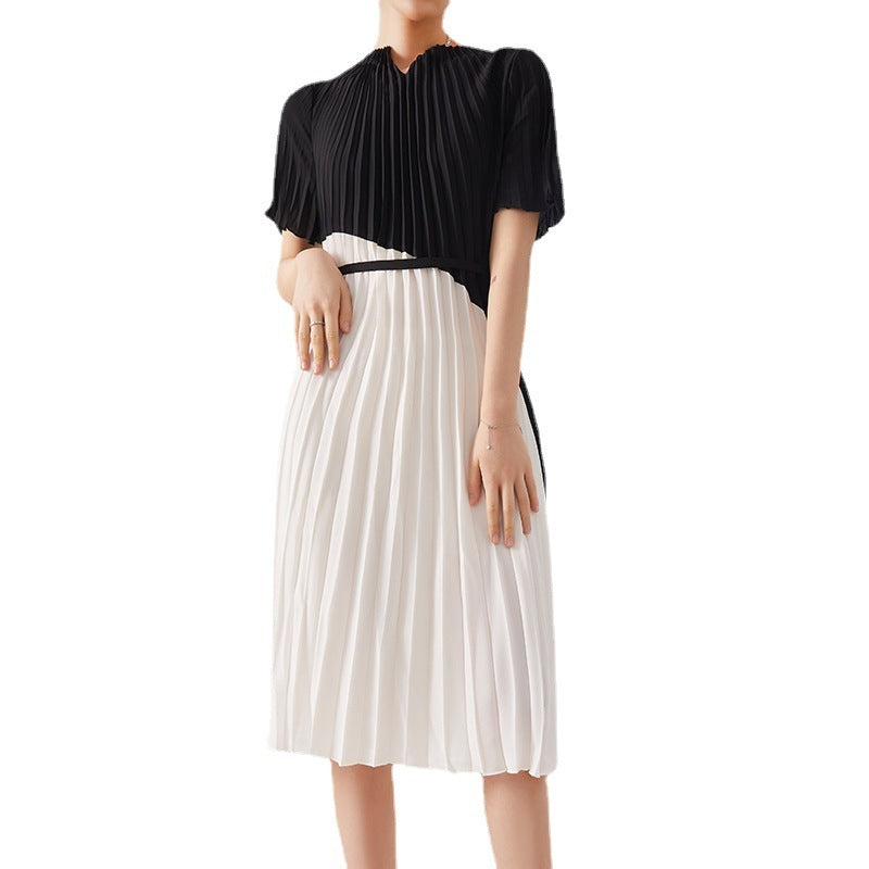 Color-block Design Pleated Skirt Short-sleeved Slim Mid-length Skirt