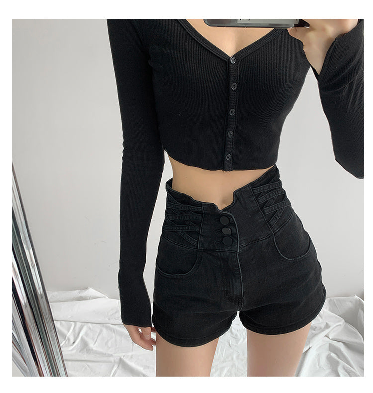 Small waist cross woven super high waist cinched denim shorts for women