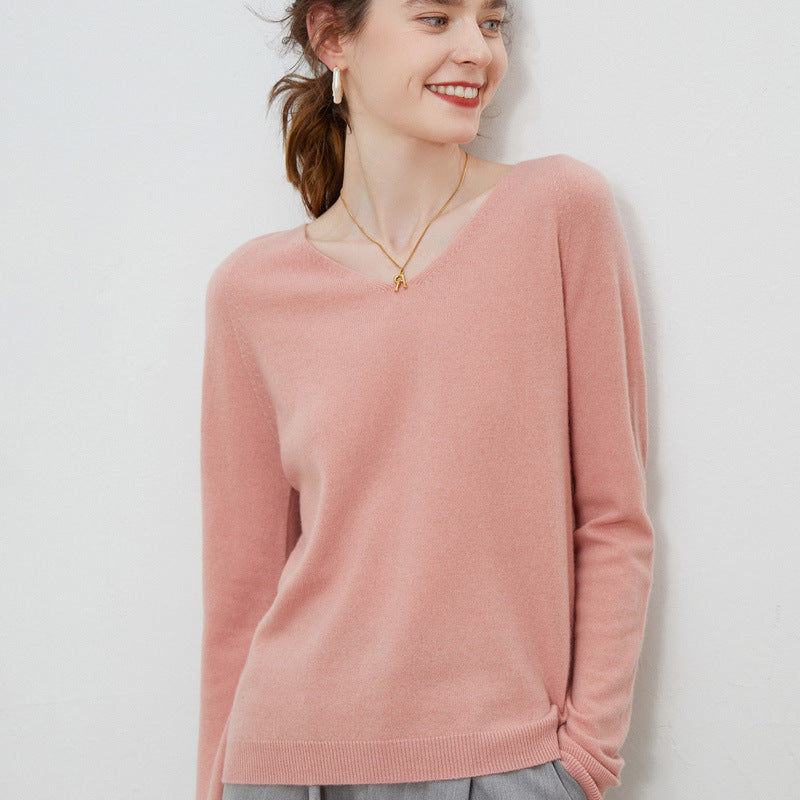 Female V-neck pure wool long sleeved sweater