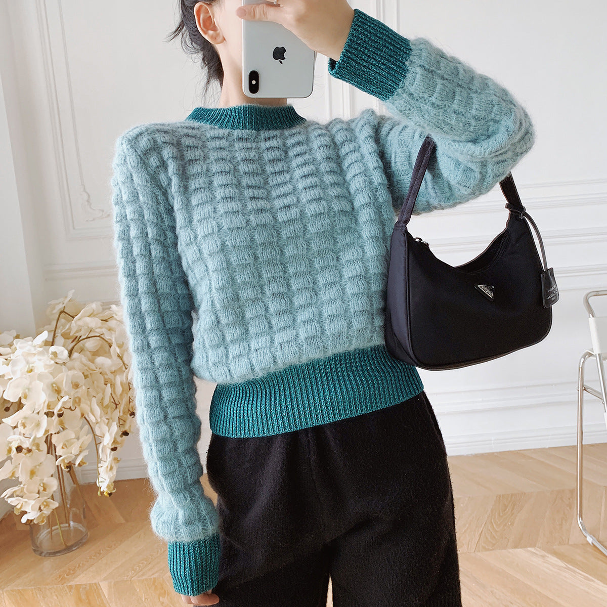 Women's color matching retro sweater