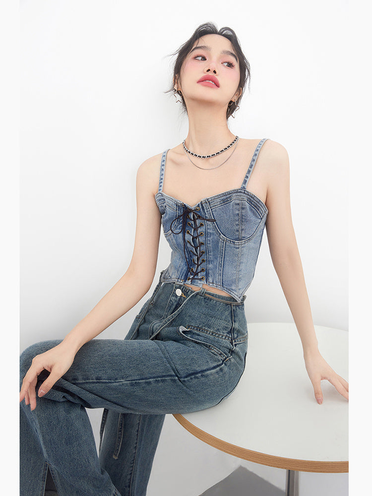 Women's lace up slim fit short denim vest