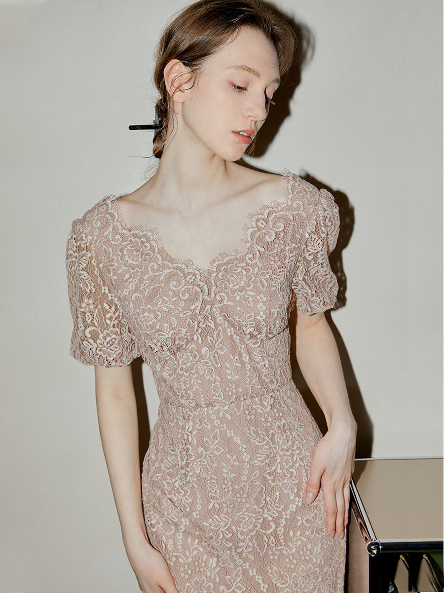 Mid Length Lace Bubble Sleeved A-line Dress