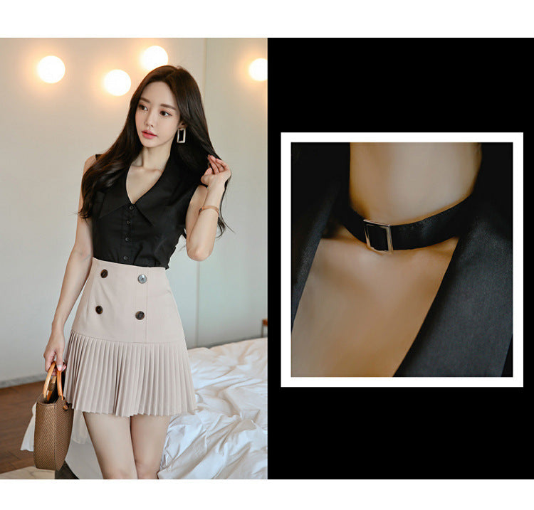 V-neck Sleeveless Shirt High Waist Pleated Skirt Two-piece Set