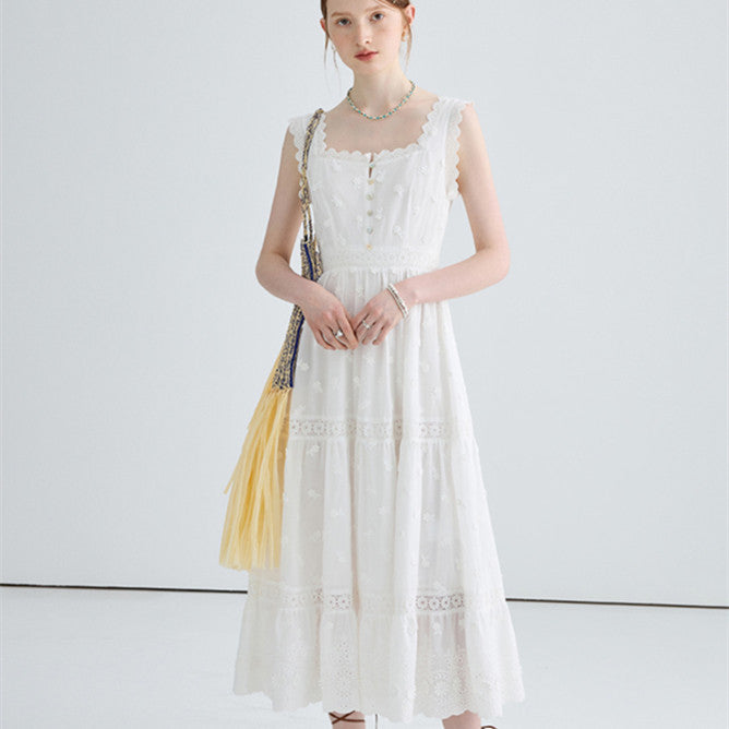 Women's Summer French White Suspender Dress