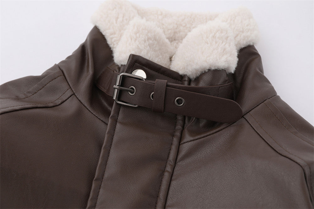 Winter Fleece-lined Thickened Motorcycle Pu Fur Integrated Baggy Coat