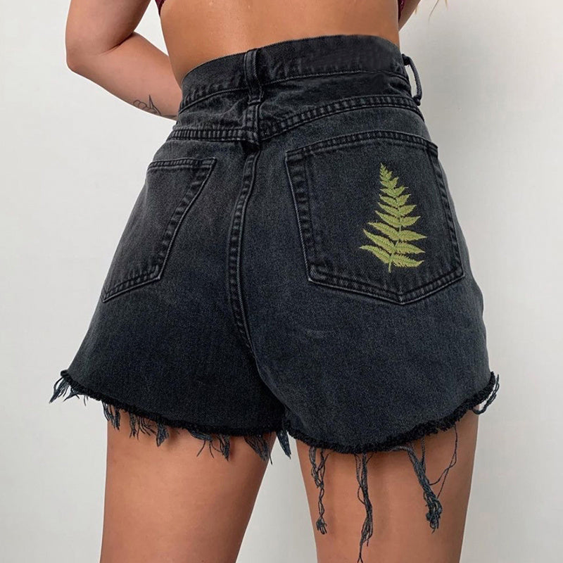 Women's retro black embroidered fringed denim shorts