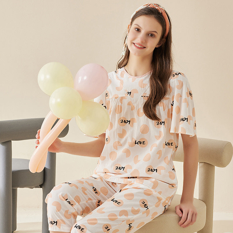 Women's cute pajama printed collar short sleeve cutting home casual set