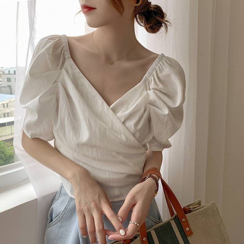 Graceful Puff Sleeve Chiffon Lace-up Shirt Design French Chic V-neck Slim-fit Crop-top