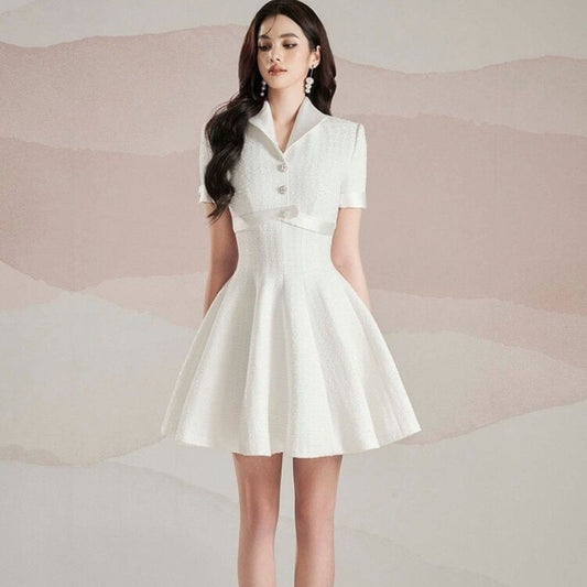 Elegant Lapel A- Style Hemline Niche White Short Sleeve