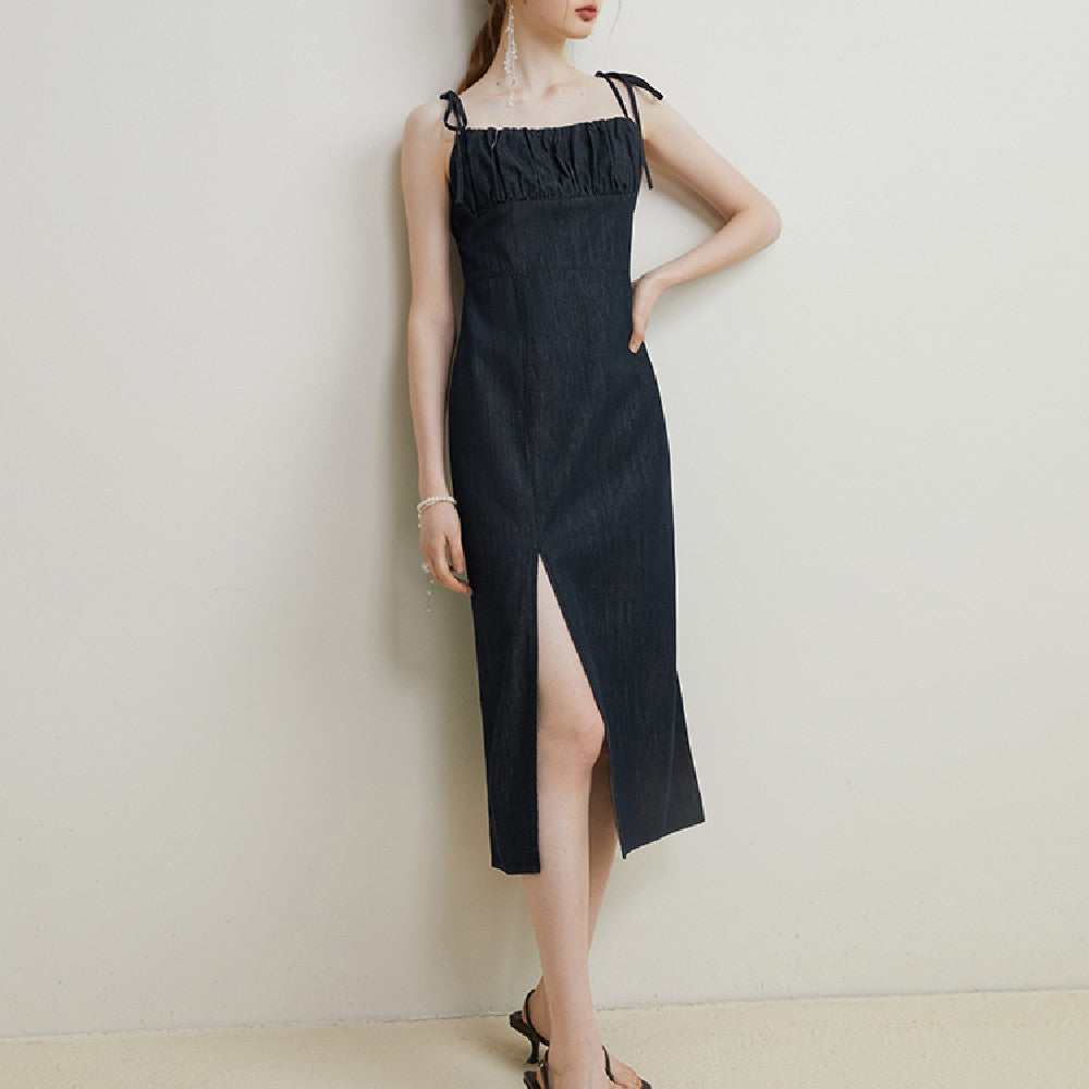 Lazy Style Denim Strap Dress With Slit Hem