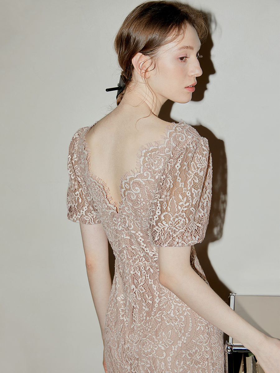 Mid Length Lace Bubble Sleeved A-line Dress