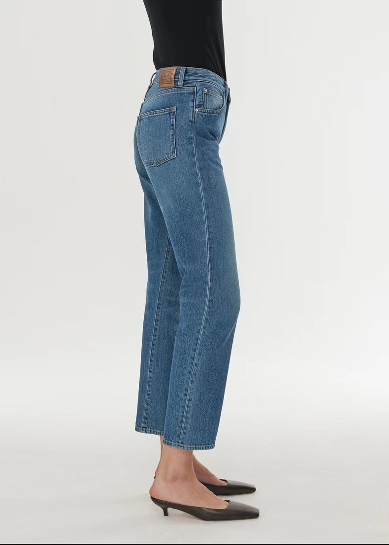 European and American high waisted elastic twisted straight leg seven quarter jeans