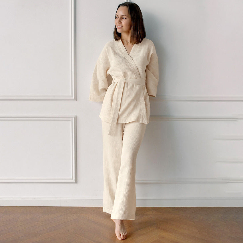 Cotton Crepe Pajamas Two-piece Loose Cardigan Lace-up Nightgown Ladies' Homewear