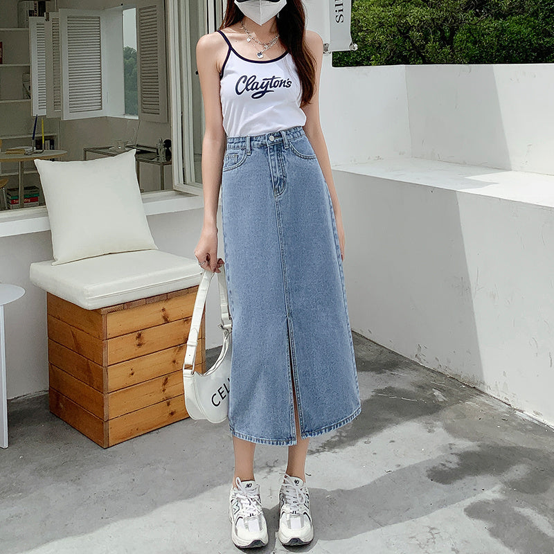 High Waisted Split Denim Skirt