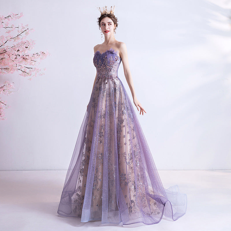 Strapless purple sequin starry sky dress wedding dress