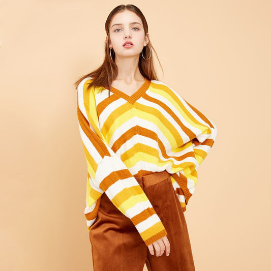 New Striped Loose V-Neck Sweater for Women