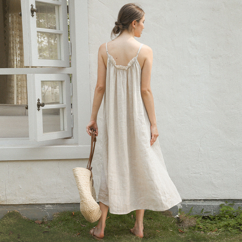 Linen Suspender Skirt Niche Design Cotton Linen Vacation Style Mid-length Dress Home Nightdress