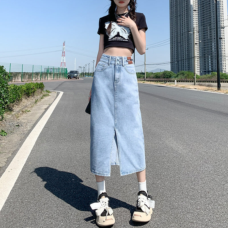 High Waisted Split Denim Skirt