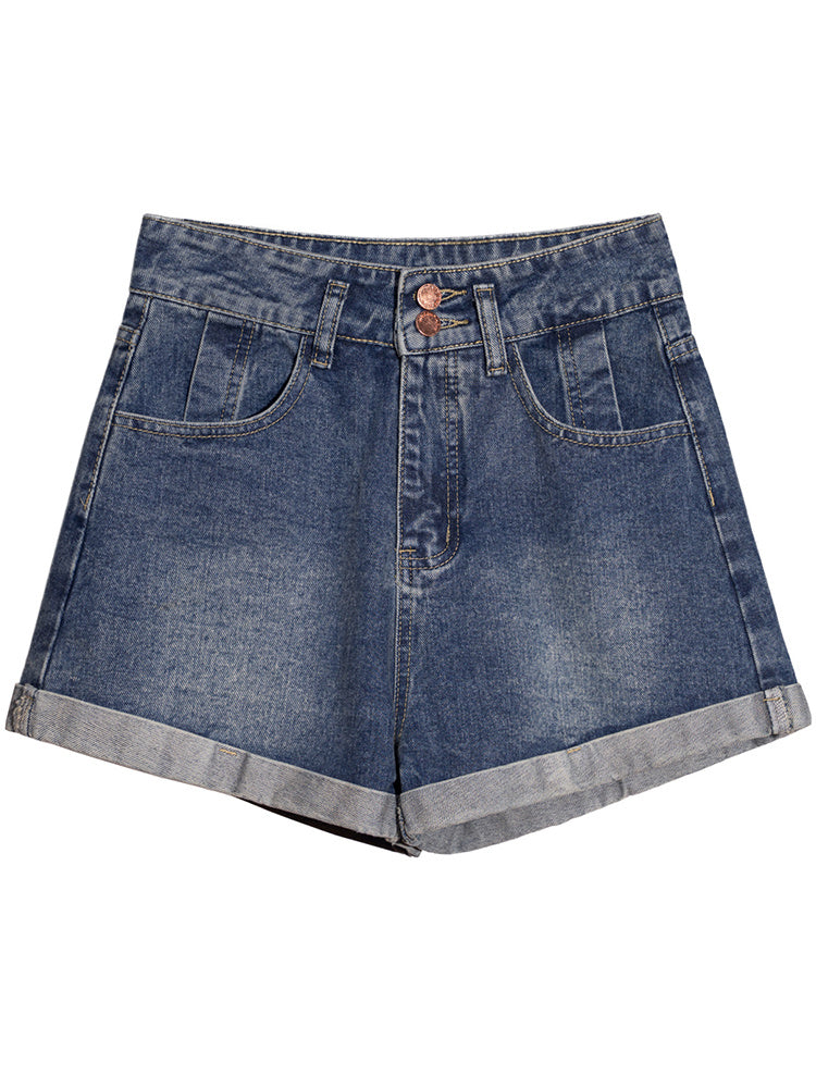 High waisted rolled denim shorts with women's design sense