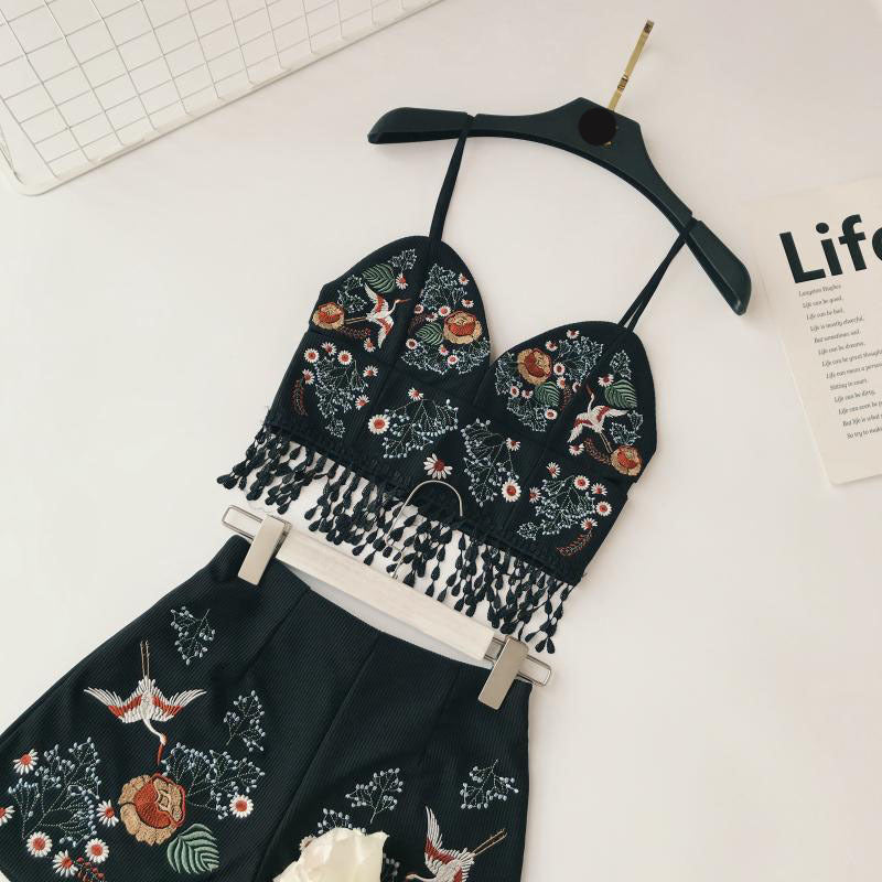 Vacation Ins Foreign Air Current Su Camisole Retro Heavy Embroidery High Waist Wide Leg Shorts