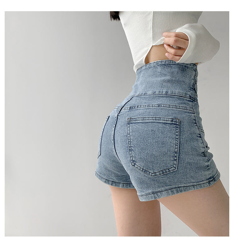 Small waist cross woven super high waist cinched denim shorts for women