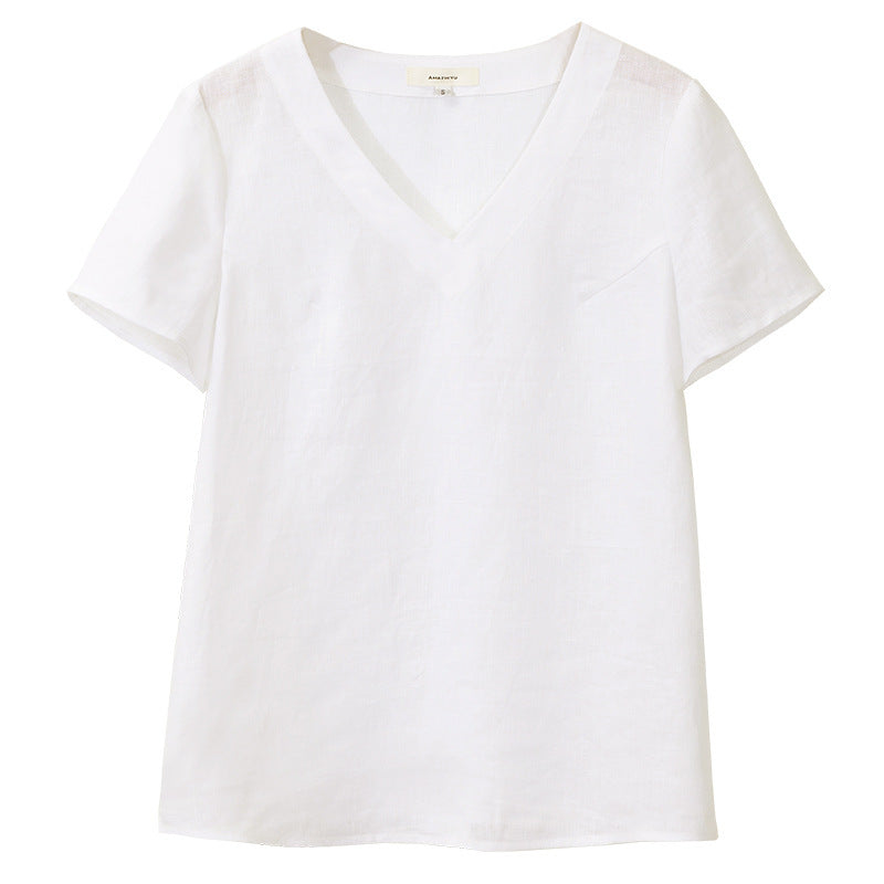 Women's V-neck pure linen solid color simple T-shirt