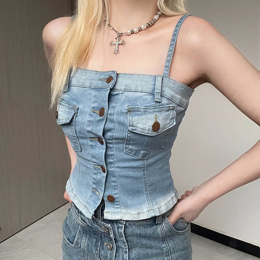 Women's Fashion Stitching Row Button Denim Camisole