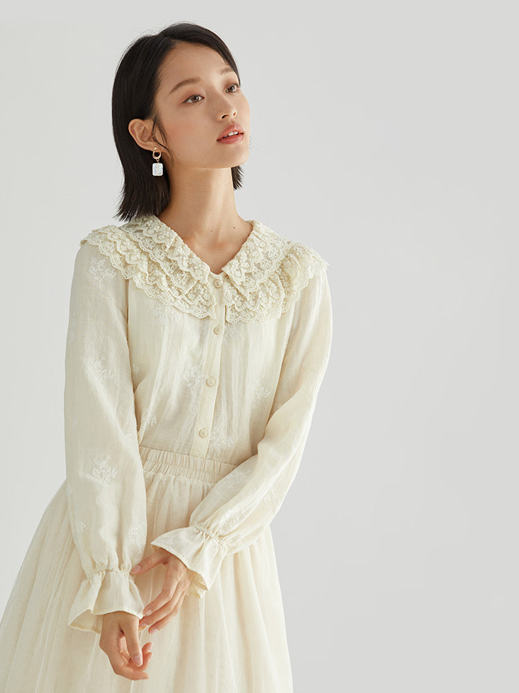 Lace Collar Design Temperament Simple Rural French Long-sleeved Shirt Women