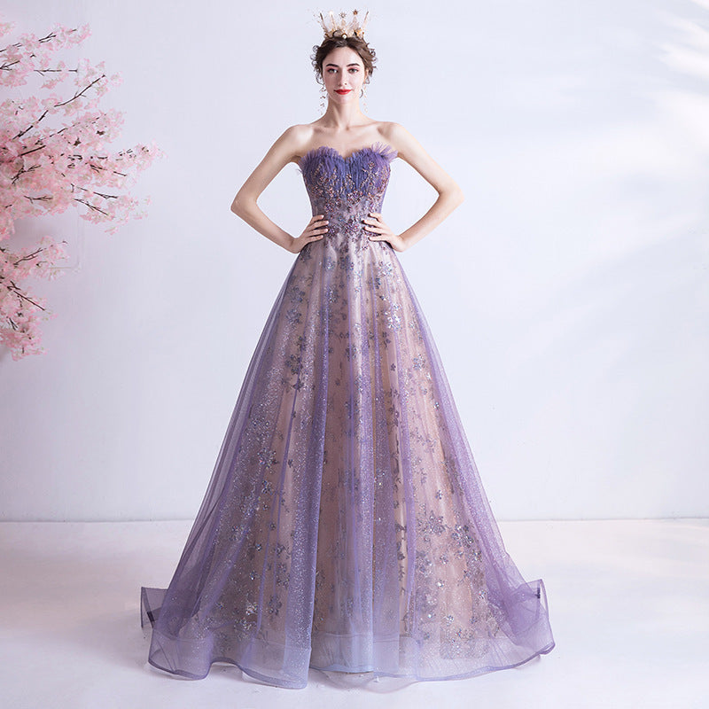 Strapless purple sequin starry sky dress wedding dress