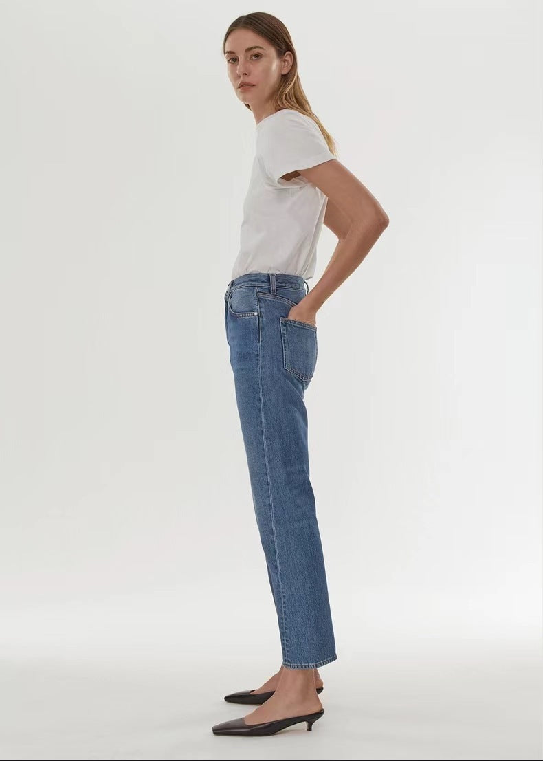 European and American high waisted elastic twisted straight leg seven quarter jeans