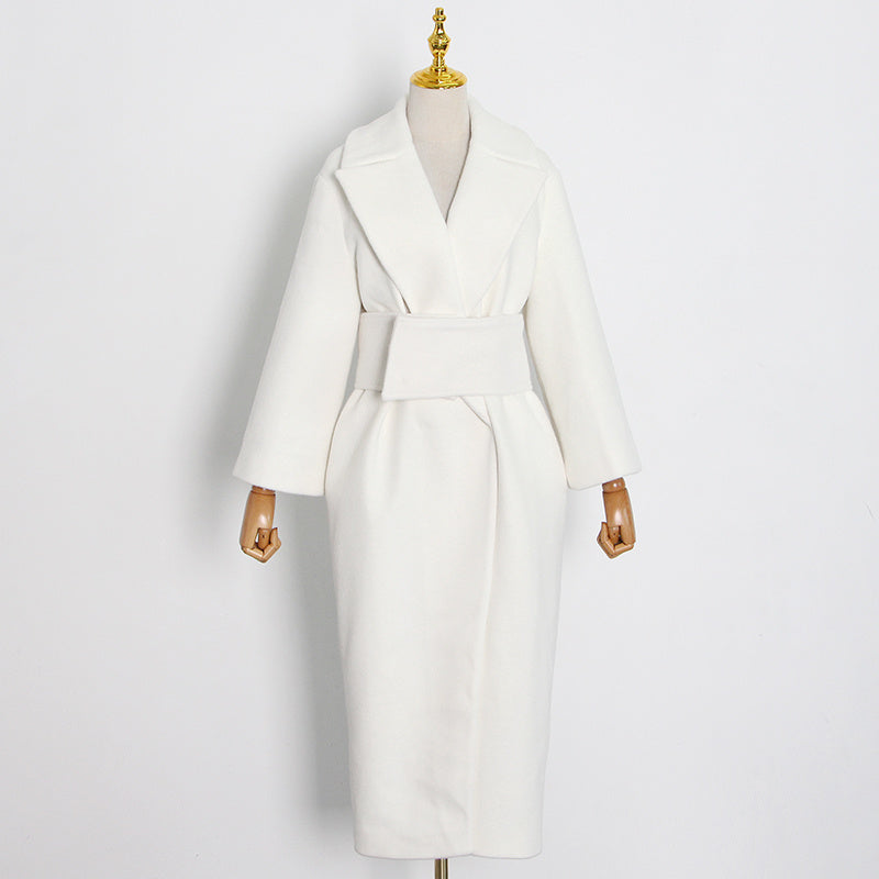 Lapel Waist White Mid-length Woolen Coat