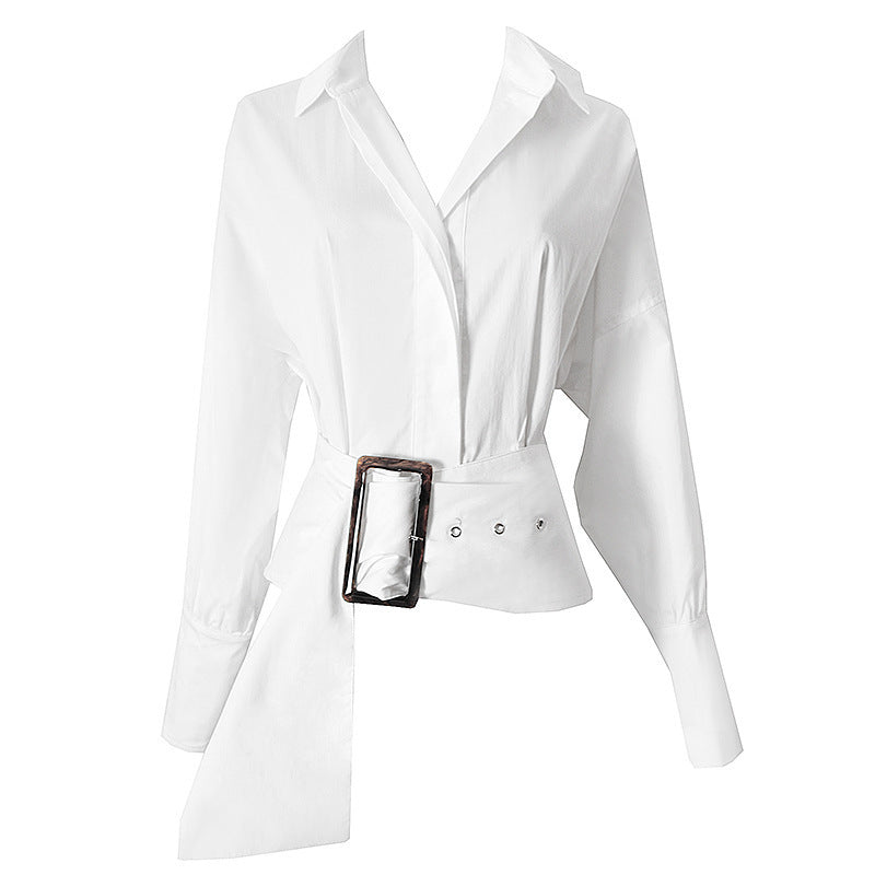 White shirt belt design niche long sleeved shirt