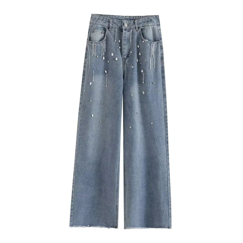 Women's New Fashion Trendy Rhinestone Raw Edges Design Long Wide-leg Jeans