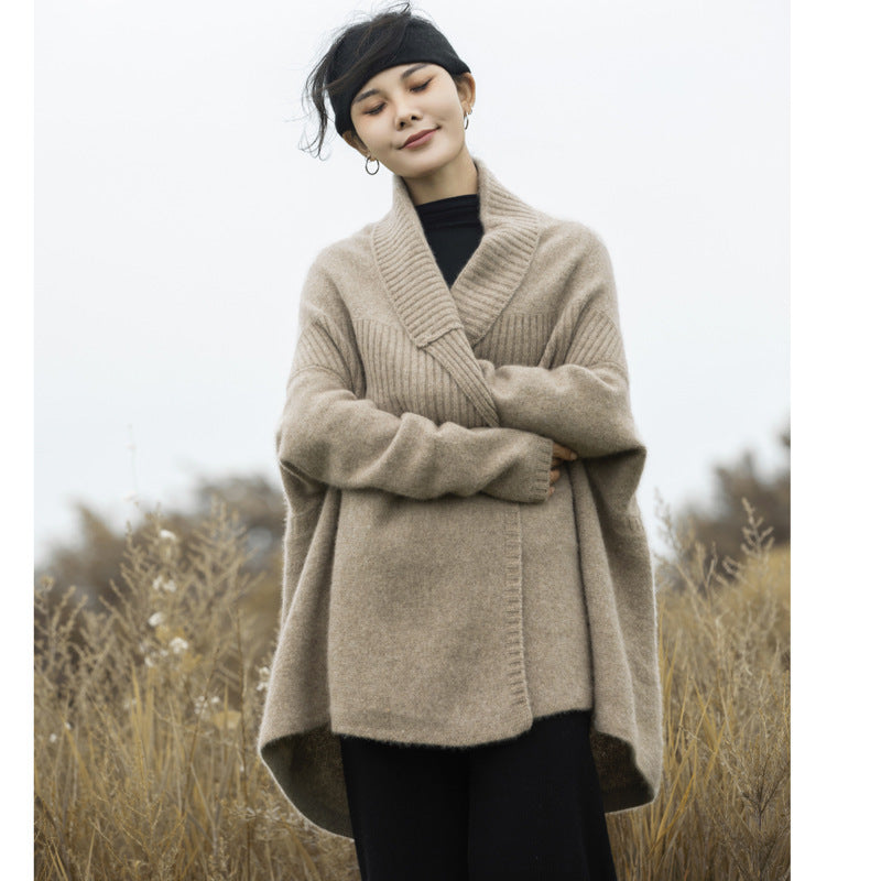 Lapel Drop Shoulder 100 Pure Wool Cardigan Coat Mid-length Autumn And Winter Thickened Heavy Knitted Cape Sweater