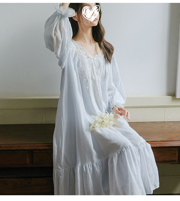 Women's Morning Gowns Spring And Autumn Cotton Long-sleeved Lace Pajamas Dress