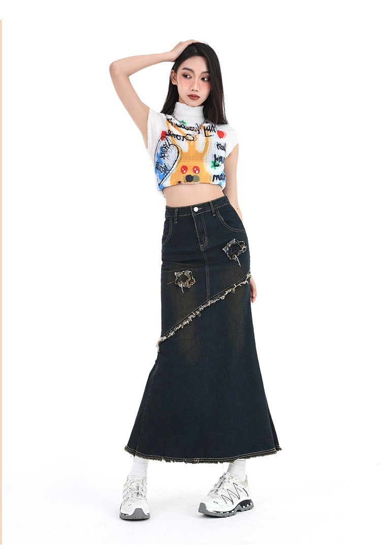 Retro Hot Girl High Waist Stretch A- Line Denim Skirt Women's Mid-length