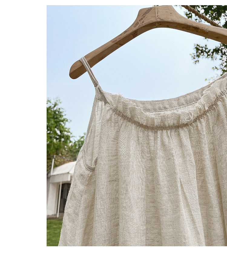 Linen Suspender Skirt Niche Design Cotton Linen Vacation Style Mid-length Dress Home Nightdress