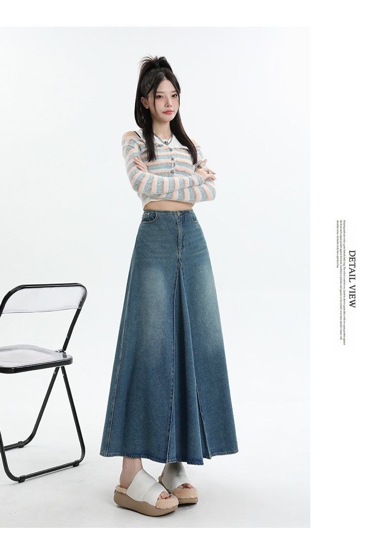 American Style Retro Big Swing Denim Spring New High Waist A- Line Slimming Mid-length Skirt