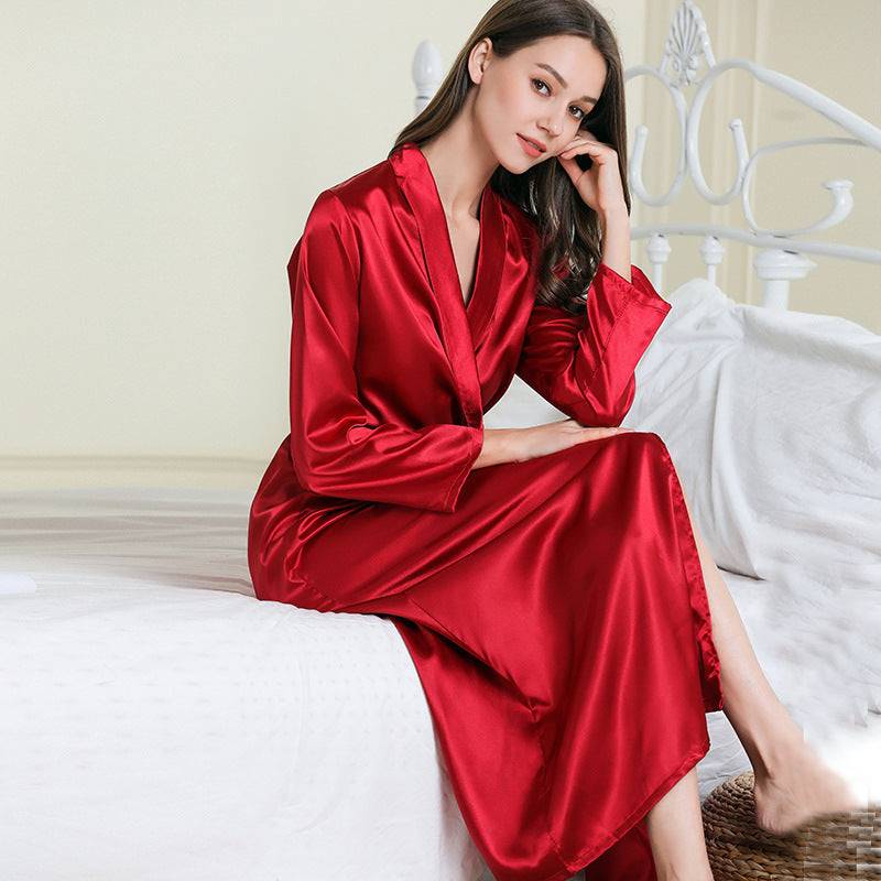 Faux Silk Lapel Long Nightgown Sexy Lace-up Pajamas