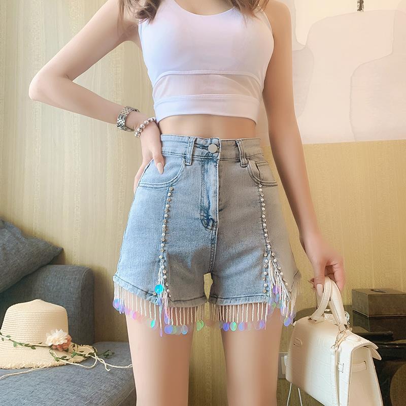 Summer Women's Pearl Sequin Slim Fit High Waist Denim Shorts