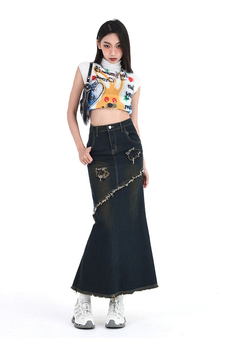 Retro Hot Girl High Waist Stretch A- Line Denim Skirt Women's Mid-length