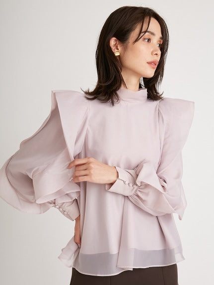 Stand-neck Printed Chiffon Shirt Ruffled Pullover Top