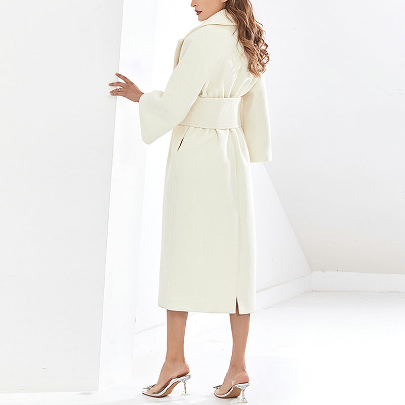 Lapel Waist White Mid-length Woolen Coat