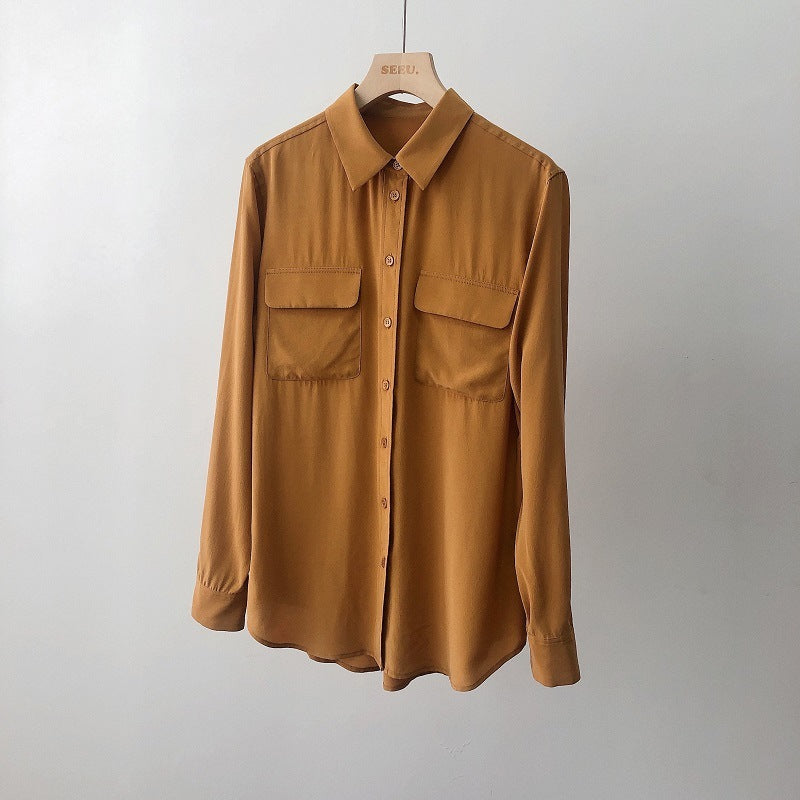 Square Neck Long Sleeve Pocket Rounded Silk Shirt