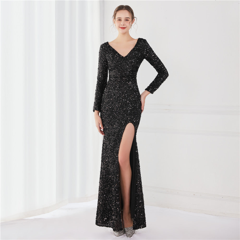 Long sleeved sequined gas field queen fish tail evening gown