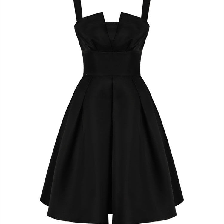 Women's minimalist French Hepburn style suspender black dress